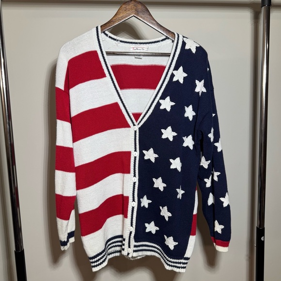 Vintage Talbots American Flag Cardigan Sweater Size Large Preppy Summer Holiday - Picture 1 of 9